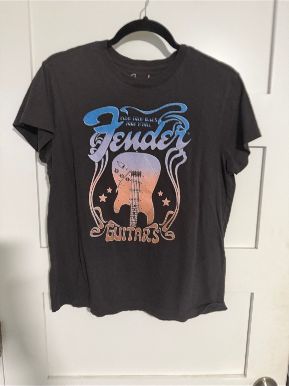 Fender Black Tee with Blue and Peach Graphic